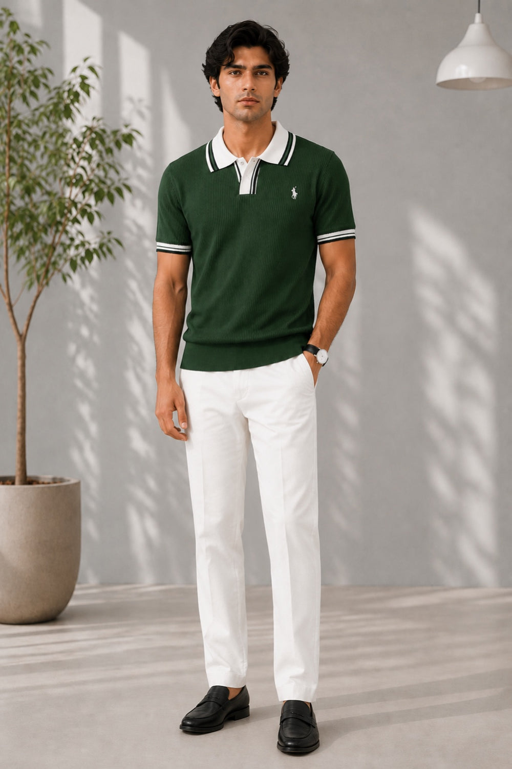 Men's Premium Forest Green Knitted Polo Shirt | Contrast Stripe Collar