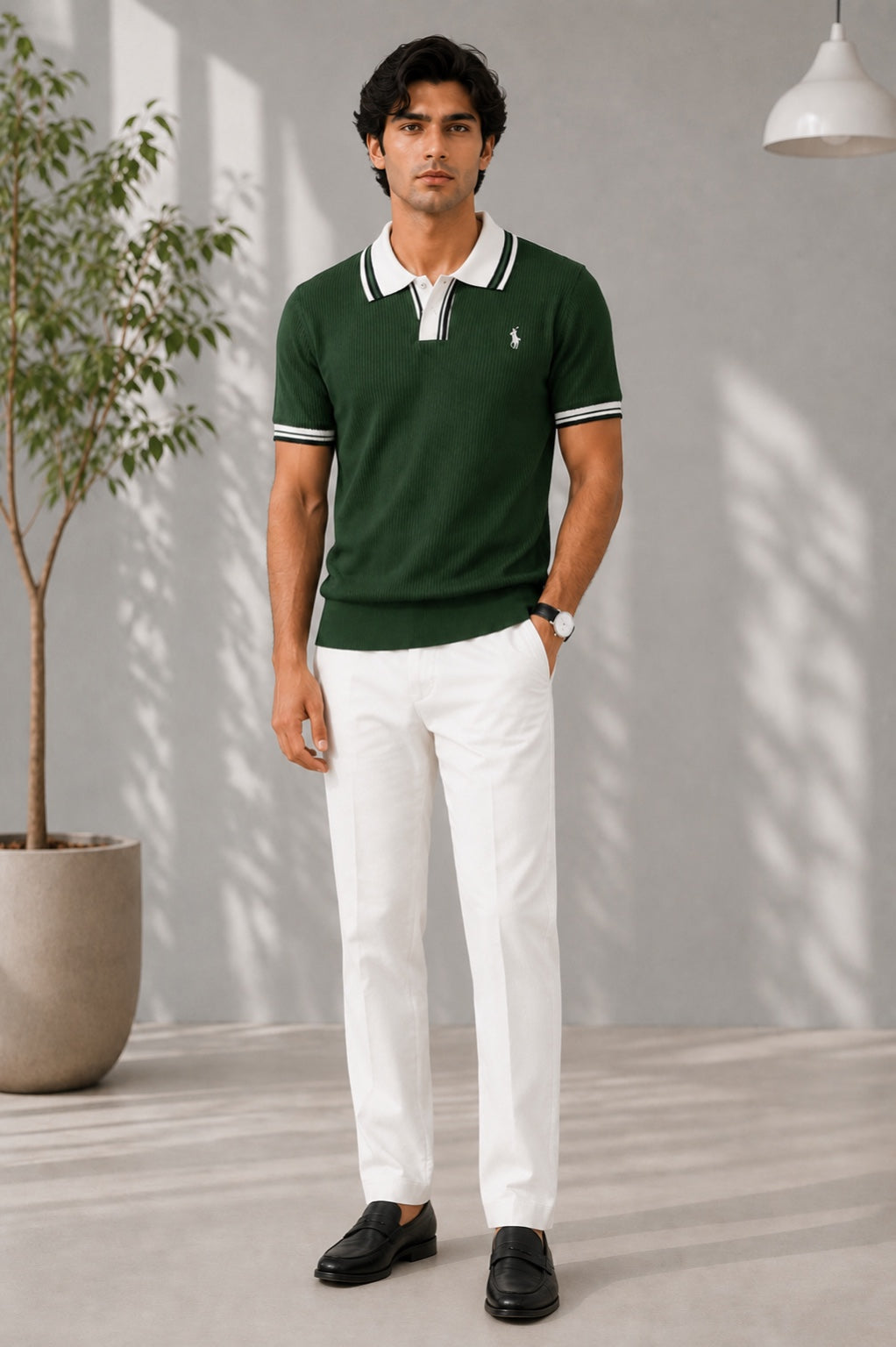 Men's Premium Forest Green Knitted Polo Shirt | Contrast Stripe Collar