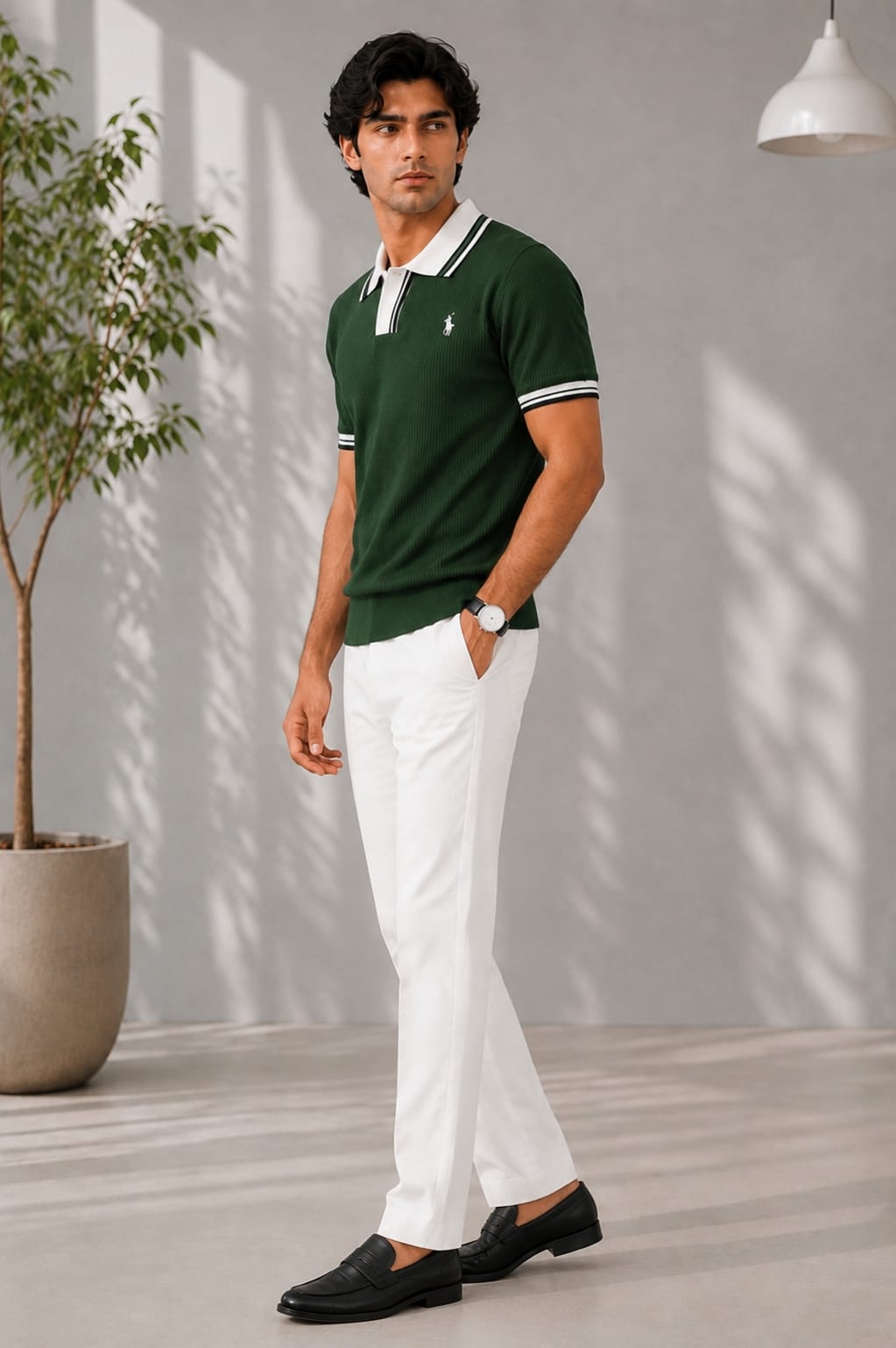 Men's Premium Forest Green Knitted Polo Shirt | Contrast Stripe Collar
