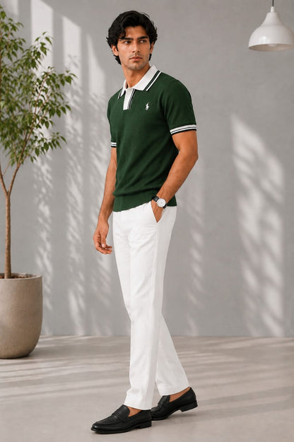 Men's Premium Forest Green Knitted Polo Shirt | Contrast Stripe Collar