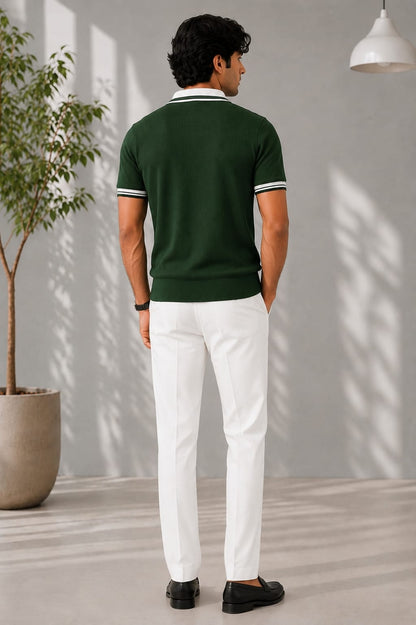 Men's Premium Forest Green Knitted Polo Shirt | Contrast Stripe Collar