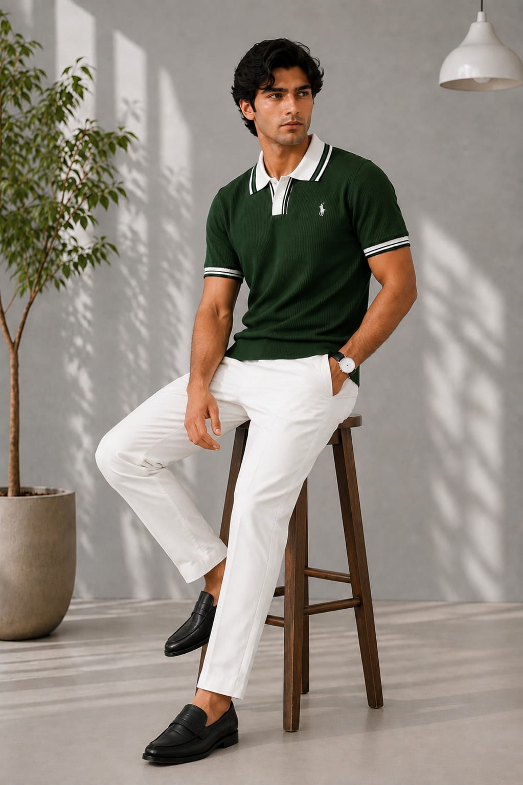 Men's Premium Forest Green Knitted Polo Shirt | Contrast Stripe Collar