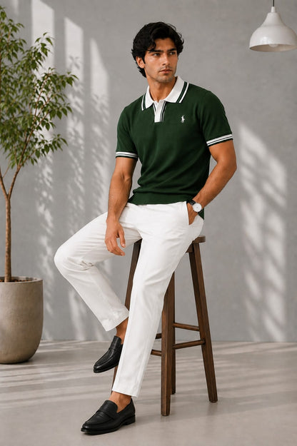 Men's Premium Forest Green Knitted Polo Shirt | Contrast Stripe Collar