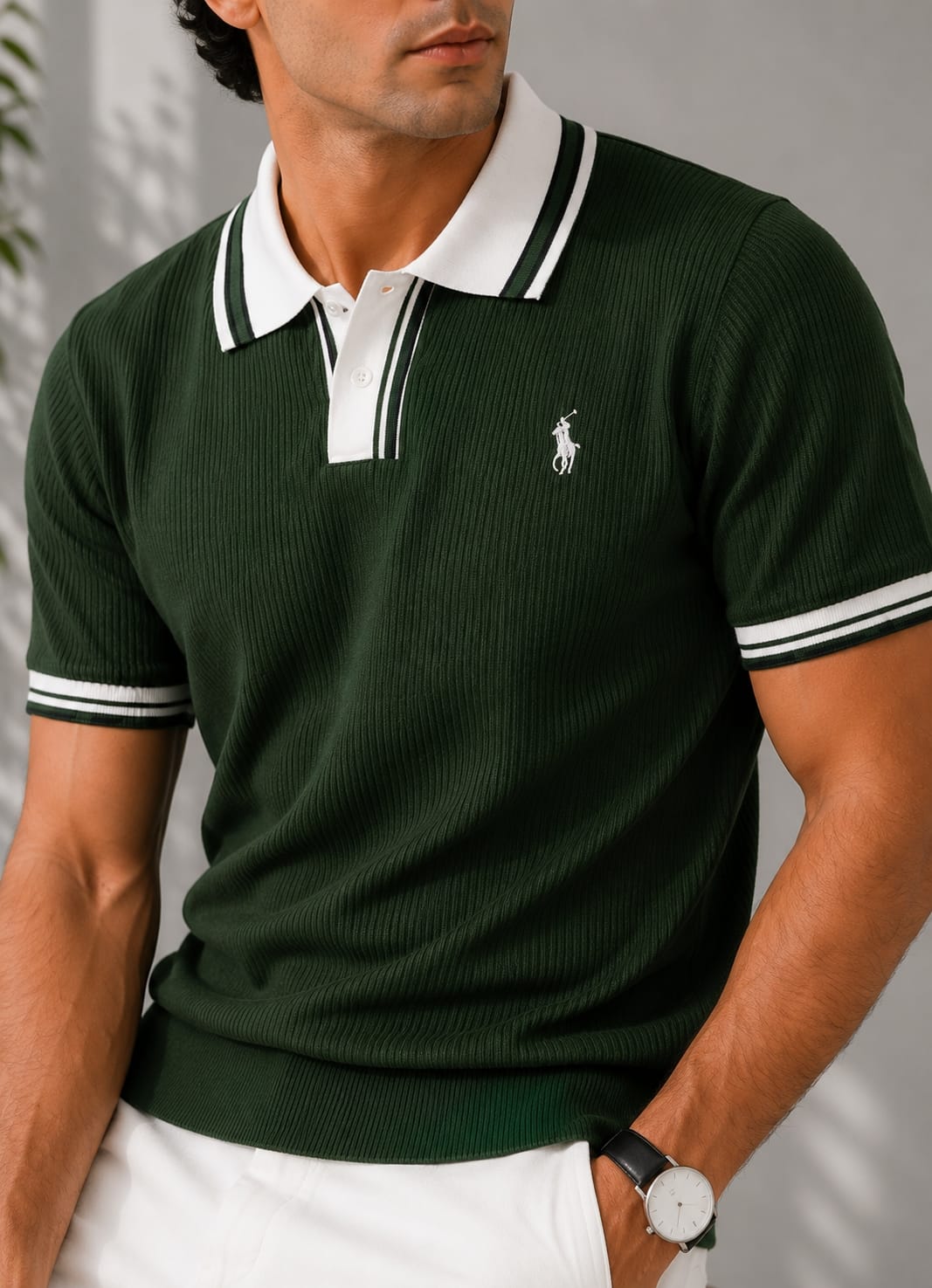 Men's Premium Forest Green Knitted Polo Shirt | Contrast Stripe Collar