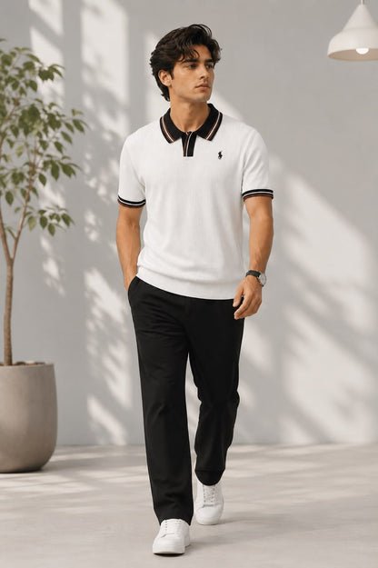 Men's Premium White Knitted Polo Shirt | Contrast Stripe Collar