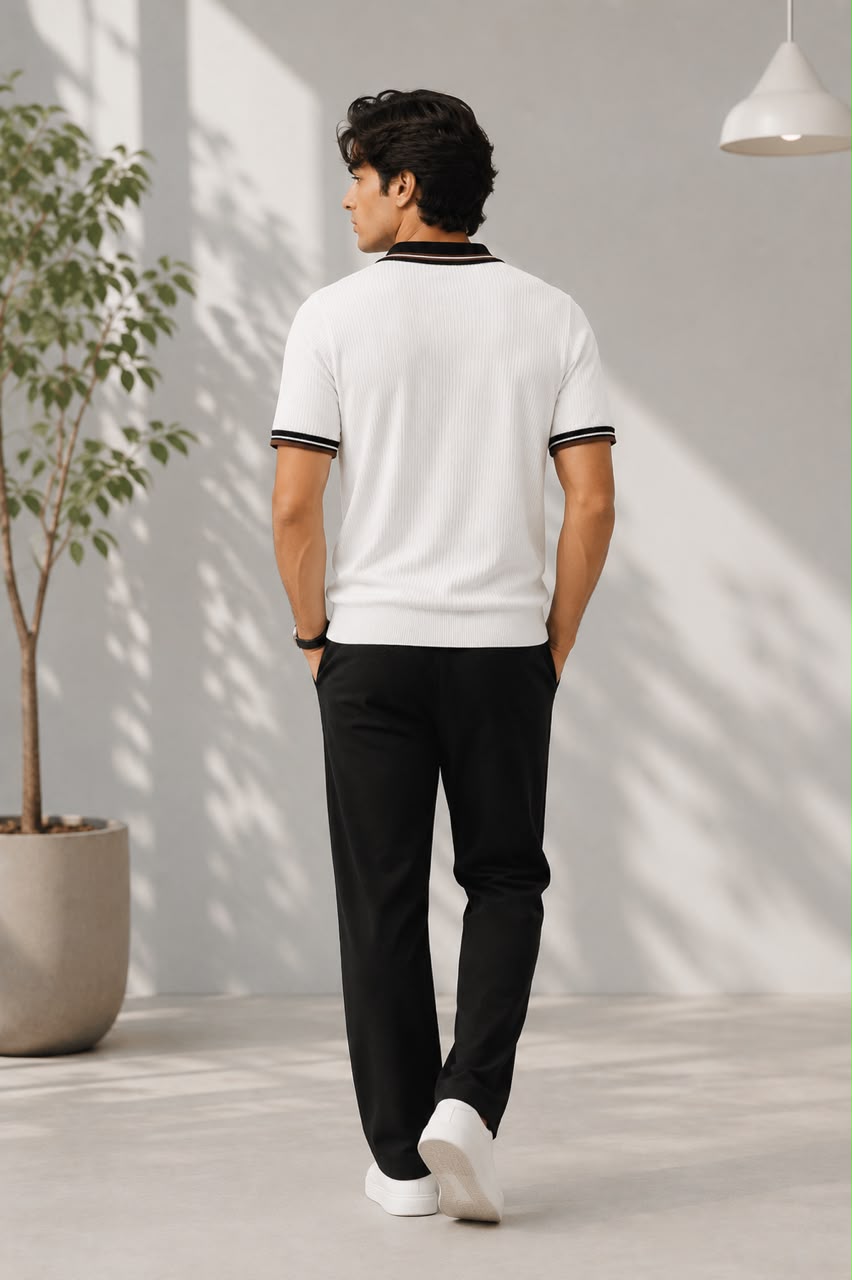 Men's Premium White Knitted Polo Shirt | Contrast Stripe Collar