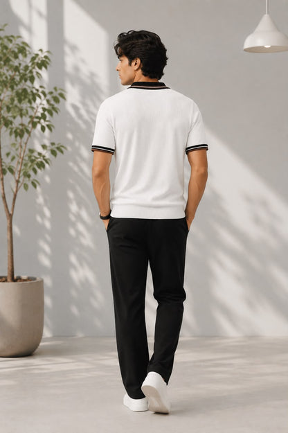 Men's Premium White Knitted Polo Shirt | Contrast Stripe Collar
