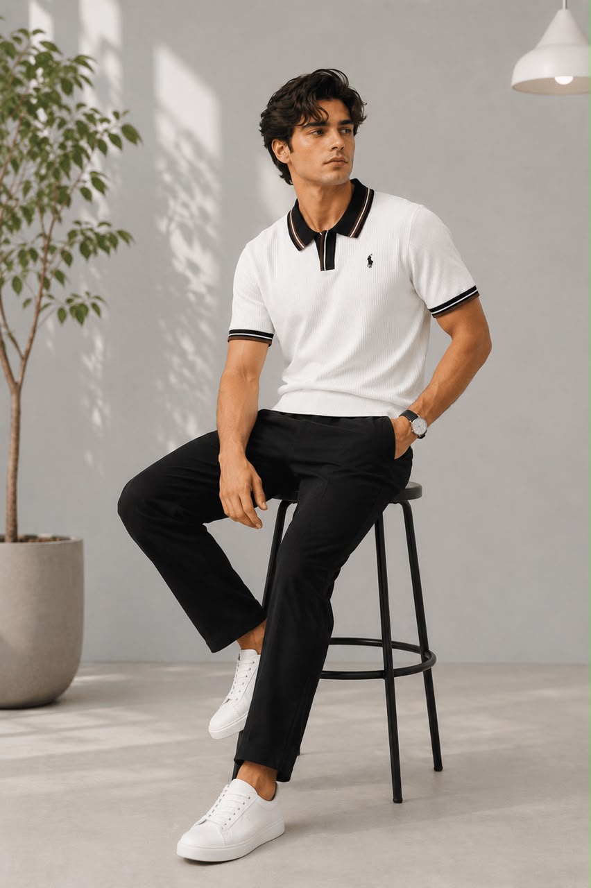 Men's Premium White Knitted Polo Shirt | Contrast Stripe Collar