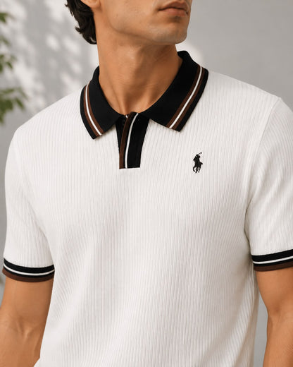 Men's Premium White Knitted Polo Shirt | Contrast Stripe Collar
