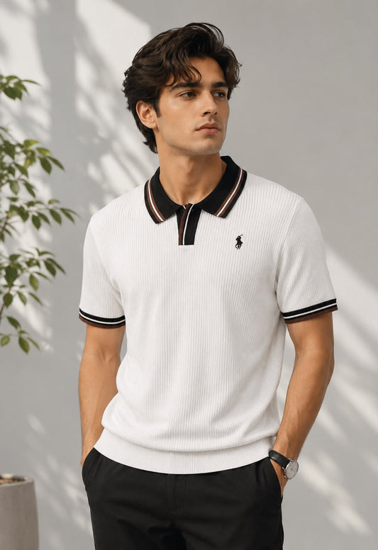 Men's Premium White Knitted Polo Shirt | Contrast Stripe Collar